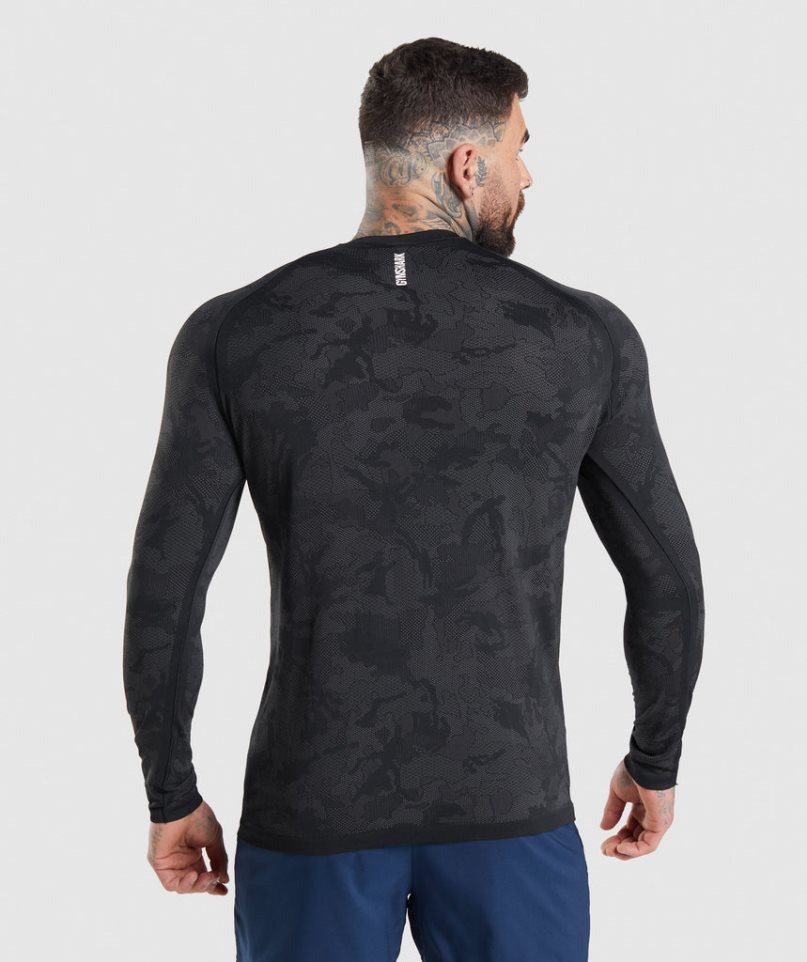 Men's Gymshark Geo Seamless Long Sleeve T-Shirts Black | CA 71AND8